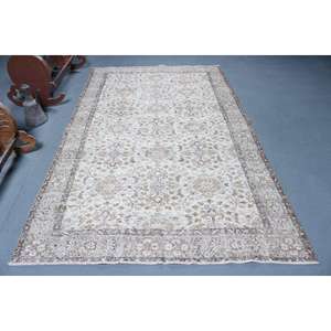 Tapis turc vintage 5,4x8,8 pieds, grand tapis en laine rayé blanc - Product Image 1