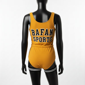 ชุดว่ายน้ำผู้หญิงพรีเมียม ผ้าโพลีเอสเตอร์ผสมสแปนเด็กซ์ สีเหลืองมัสตาร์ด สไตล์สปอร์ต ปักลายเชนีล พร้อมปักโลโก้ตามสั่ง - Product Image 2