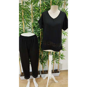 Women's Short-Sleeved V-Neck <b>Sequined</b> Viscose Two-Thread Blouse and <b>Pants</b> Two-Piece Set, 33169 - Black - Product Image 5