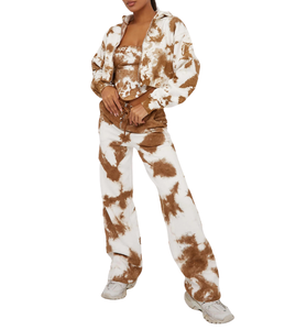 ชุดเซ็ตสตรีทแวร์ผู้หญิงแบบใหม่ คุณภาพสูง ผ้าฝ้าย 100% ทรงขาบานฟอกสี ลุคเท่ๆ - Product Image 1