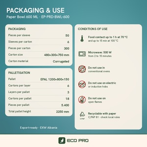 Bol en papier blanc à paroi simple de 600 ml, récipient alimentaire en kraft, gobelet jetable, impression flexographique, salade, fruits, soupe, poke - Product Image 6