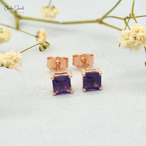 Natural African Amethyst <b>Studs</b> Earring 14k Rose Gold 4mm Square Cut Gemstone Earrings Prong Set <b>Studs</b> at Wholesale Price - Product Image 1