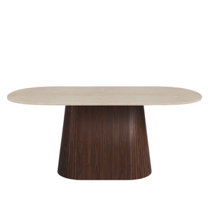 Table de salle à manger de cuisine moderne avec base en bois de manguier massif à motif cannelé, finition noyer, forme ovale, couleur beige, plateau naturel - Product Image 1