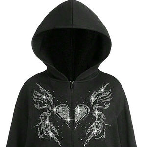 Sweats à capuche en strass personnalisés 100% coton couleur unie uni fermeture éclair hiver unisexe sweats à capuche en molleton de sport en strass meilleure qualité bon marché - Product Image 6