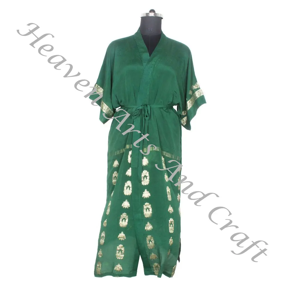 KL011 богемное шелковое винтажное кимоно сари длинное Цыганское Платье из переработанного шелка сари винтажное кимоно сари длинное платье женская одежда для сна