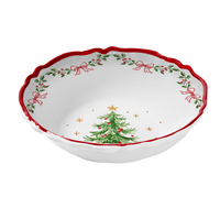 Assiette de Noël vintage en mélamine rouge à bord ondulé, motif sapin, nœud et houx, sans BPA, ronde, pour la décoration familiale des fêtes