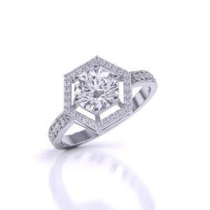 Anillo de Diamante Solitario Vintage con Halo Hexagonal y Corte Redondo, 1.00 Ct, Color F, Claridad VS, Diamante Cultivado en Laboratorio, en Oro de 14K, para Uso Diario, Regalo - Product Image 6