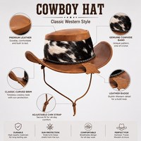 Chapeau de cowboy aspect cuir motif vache style western pare-soleil avec sangle sous le menton pour la mode en plein air, la plage, la pêche, unisexe, utilisable quatre saisons
