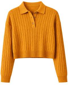 Suéter Corto de Punto Trenzado Color Amarillo Mostaza Personalizado para Mujer, Manga Larga, Cuello con Botones, Dobladillo Acanalado, Prenda de Punto Informal para Invierno - Product Image 1