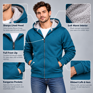 Custom 100% Cotton Sherpa Lined <b>Zip</b> up <b>Hoodie</b> Mens Heavyweight Fleece Autumn Warm Split Kangaroo <b>Pocket</b> Sweatshirt - Product Image 5