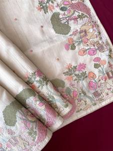 Nueva colección, Sari de seda Tushar en crema con bordado de estilo forestal, ropa de fiesta de boda para mujer en tela de telar puro - Product Image 2