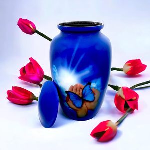 Cremation <b>Urn</b> Burial Lovely Hand Butterfly Design <b>Large</b> Size 26 cms high with Velvet Bag - Product Image 4