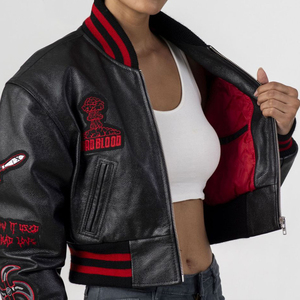 Veste universitaire en cuir véritable sur mesure de haute qualité pour femmes, streetwear, coupe courte, patchs en chenille, broderie de lettres pour - Product Image 1