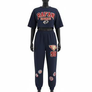 Ensemble haut court et pantalon de jogging en molleton de coton et polyester 320 GSM de haute qualité, bleu marine, avec logo personnalisé, pour femme - Product Image 1