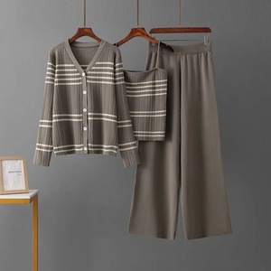 Conjunto de 3 piezas de punto a rayas para mujer, chaleco Sexy, suéter de manga larga, cárdigan, pantalones de cintura elástica, chándal de mujer, traje de punto - Product Image 1