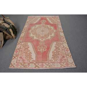 Turkish Eco-Friendly Area Rug 4.2x7.4 ft (128x225 Cm) Vintage <b>Red</b> Patchwork <b>Wool</b> Latex Backing Rug - Product Image 1