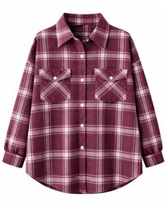 Camisa Oversize de Franela a Cuadros para Mujer, Borgoña, Manga Larga, Casual, con Bolsillos, Suave, Otoño-Invierno, Venta al por Mayor - Product Image 1