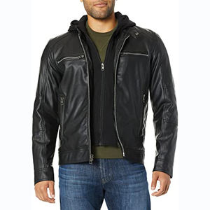 Veste en cuir véritable à capuche de motard pour homme - Product Image 3