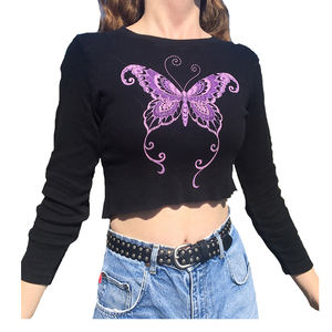 Top corto de mariposa de diseño para mujer, Camiseta deportiva acanalada de manga corta para entrenamiento, correr, gimnasio, Yoga - Product Image 3