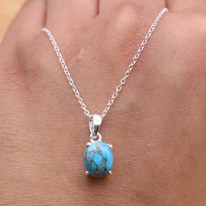 Pendentif bleu turquoise en argent sterling 925, collier ovale, bijoux en pierres précieuses faits à la main, cadeau élégant pour les femmes - Product Image 2