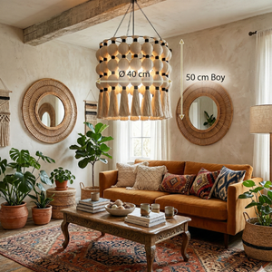 Lustre Macramé Bohème à Pompons 40x50cm, Luminaire Suspendu à Franges et Glandes, Décoration de Plafond pour Chambre d'Enfant NF - Product Image 2