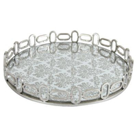 Plateau de rangement décoratif rond en métal argenté moderne et élégant avec un design unique et une base en verre gravé pour la maison et les événements