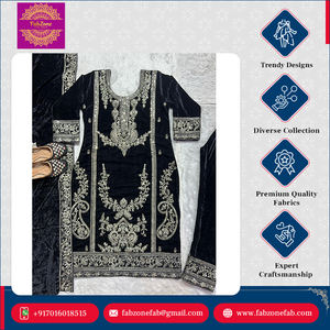 Ensemble moderne indien pakistanais en velours pur épais et visqueux, brodé, avec haut à manches longues, pantalon et dupatta, pour occasions spéciales, longueur genou - Product Image 2