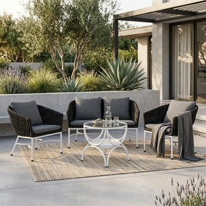 Dark <b>Grey</b> Durable Outdoor Garden Furniture <b>Set</b> White Iron Frame Woven Rope Sofa Armchairs Glass Coffee <b>Table</b> for Living Room - Product Image 3