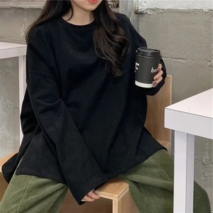 Camiseta larga primavera otoño sólido Simple camiseta de gran tamaño para mujer Camisetas góticas Split blanco negro manga larga Top - Product Image 5