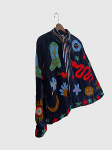 Hand Embroidered Velvet Bomber <b>Jacket</b> Mandarin Collar Full Sleeve Adult Autumn Wear <b>Patchwork</b> Design - Product Image 2