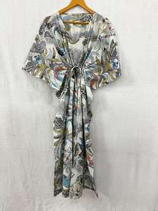 Hermoso vestido de caftán de algodón hecho a mano hasta el suelo Maxi Kimono Robe Short Monkey Block Print Natural Beach Vestidos Casuales - Product Image 6