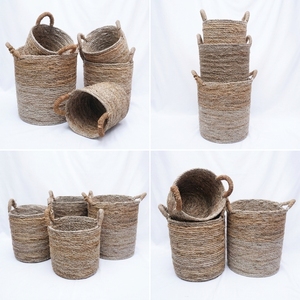 Ensemble de paniers de rangement en écorce de bananier naturelle, cylindres horizontaux tressés avec poignée en arche, pot de fleurs, décoration artistique pure pour la maison - Product Image 2