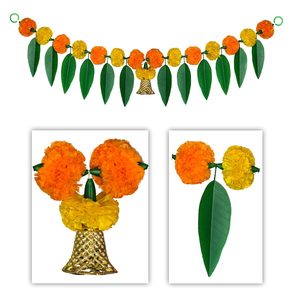 ดอกดาวเรืองเทียมแพ็ค4ใบพร้อมใบมะม่วงและระฆังสำหรับงานแต่งงานและตกแต่งบ้าน - Product Image 4