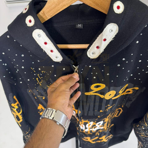 Ropa de calle para hombre, chándal, lavado ácido, diseño impreso, personalizado, de gran tamaño, transpirable, con estampado de diamantes de imitación, conjunto de chándales de dos piezas - Product Image 2