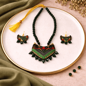 Handmade Gamusa Assamese Traditional <b>Green</b> Muga <b>Silk</b> Necklace Set Fine Jewelry with Tribal Pattern - Product Image 3