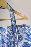 Sac fourre-tout en coton bleu et blanc à motifs floraux, imprimé à la main, sac de shopping matelassé, sac de plage, sac de voyage, sac de tous les jours, élégant, réutilisable, pour femme