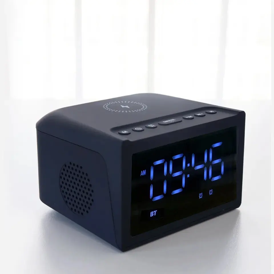 2023 Bedside LED Digital Alarm Clock Speaker 10W Wireless Charger Sleep Table Bt Speaker with TF aux FM USB Snooze light