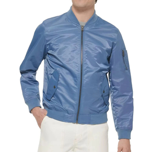 Men's Light Blue <b>Waterproof</b> <b>Plus</b> <b>Size</b> Bomber <b>Jacket</b> Solid Color Single Button Closure Casual Autumn Wear Regular Fit Stand - Product Image 3