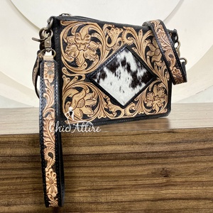 Mini bolso de cuero genuino con herramientas manuales occidentales con tallado Floral de cuero de vaca a cuadros para mujer, bolso de mano con bandolera - Product Image 1