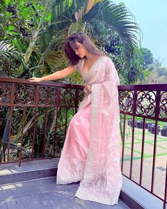 Bollywood Indien Designer Showstopper Satin organza Rose Sari Dernier exclusif Premium Qualité Ethnique Mariage StunningLook Femmes - Product Image 3