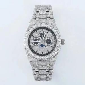 Reloj mecánico automático hecho a mano con diamantes de moissanita de tono plateado de lujo con subesferas heladas - Product Image 3