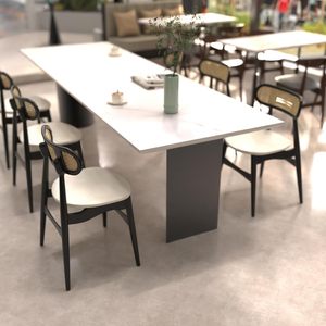 Set di Design fattoria della metà del secolo di 2 sedie da pranzo in legno nero schienale in Rattan materiale in pelle per salotti da pranzo a casa - Product Image 5