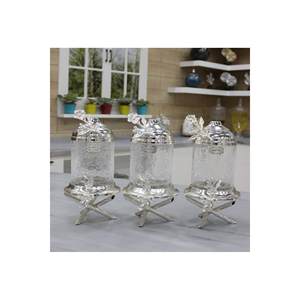 Juego de 3 Frascos y Tarros de Almacenamiento de Material Cam Gris de Lujo con Base de Latón Plateado, Volumen de 1 Litro, Aptos para Alimentos, Colección de Frascos Elegantes - Product Image 1