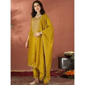 Salwar Kameez en soie Rangoli moderne et de qualité supérieure pour les mariages, avec broderie sur toute la longueur, bordure en piping Butta, réversible, toutes saisons - Product Image 1