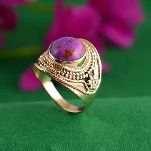 Boho Purple <b>Turquoise</b> Brass <b>Ring</b> 18K Gold Plated Vintage Tribal Wholesale <b>Ring</b> For Women - Product Image 5