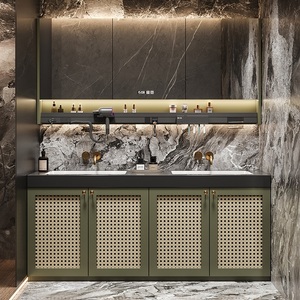 Muebles de trabajo de mimbre Mesa completa Gabinete de escritorio Panel Espejo Fregadero Grifo Cobre Comedor Baño Vanity Rock - Product Image 2