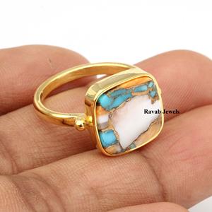 2025 Best Selling Women's Fine <b>Ring</b> 12mm Spiny Oyster Copper Turquoise <b>Cushion</b> 925 Sterling Solid Silver Eternity Vermeil Bezel - Product Image 6