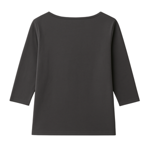T-shirt pour femme en coton biologique de luxe 100% pré-rétréci certifié GOTS, col bateau, manches 3/4, gris foncé, coupe classique, doux et premium - Product Image 2