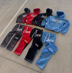 Traje de sudor lavado personalizado Sudaderas con capucha con cremallera Conjunto de chándal Estampado de lavado ácido Costura en contraste Pantalones de chándal acampanados y conjunto de Sudadera con capucha - Product Image 4