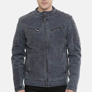 Veste décontractée en cuir véritable avec col montant, fermetures éclair sur le devant, design texturé, coutures de panneaux – Imperméable et coupe-vent - Product Image 1